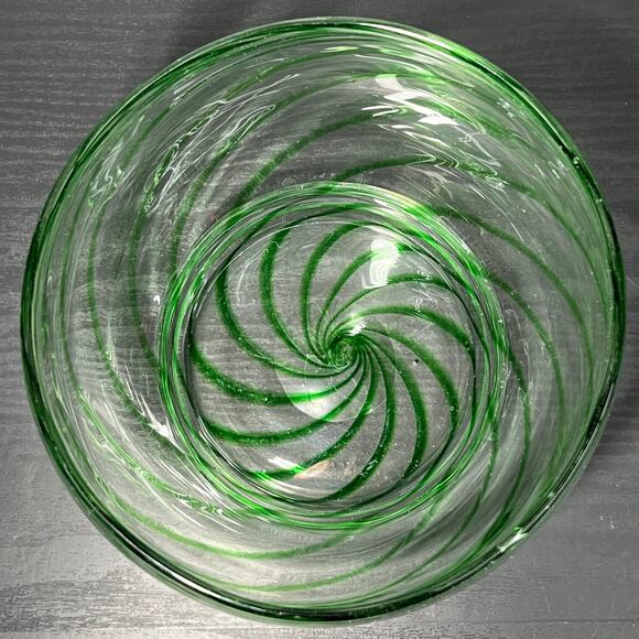 Emerald Green Clear Swirl Hand Blown Glass Serving Art Deco Bowl - Picture 3 of 6